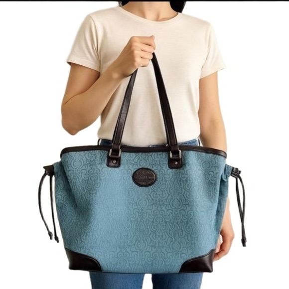 Reba McIntire Handbags - Reba Teal Dark Brown Trim Patterned Zip Sholder Bag Tote *see imperfections